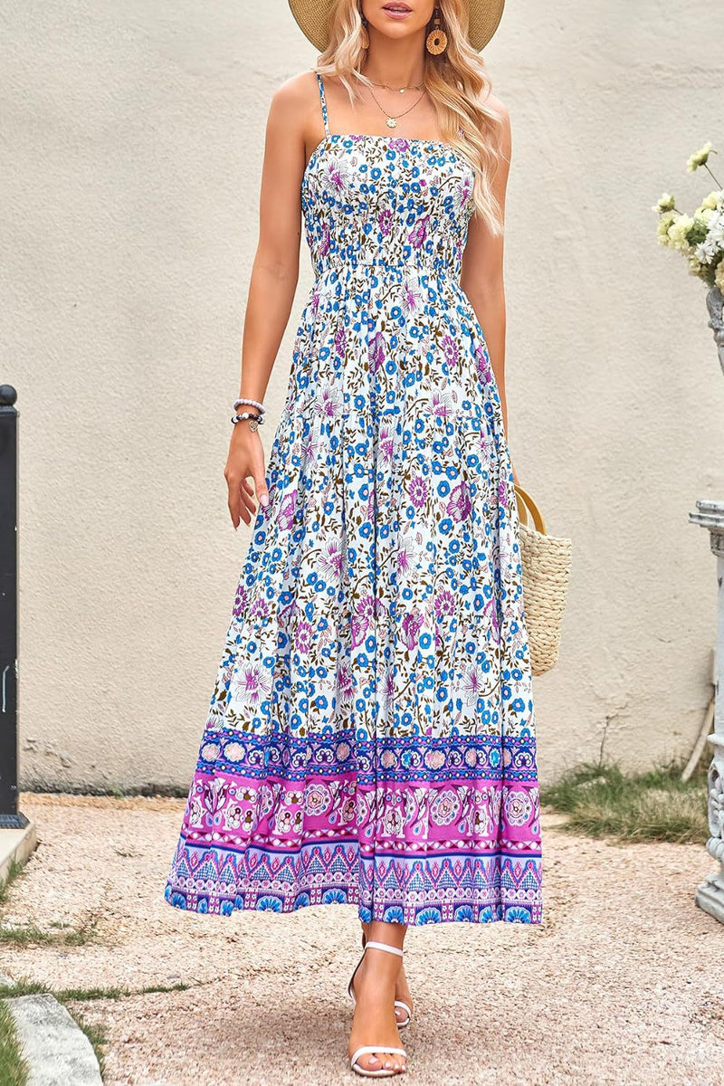 Adjustable Strap Summer Gown Beach Floral Boho Dress With Pockets