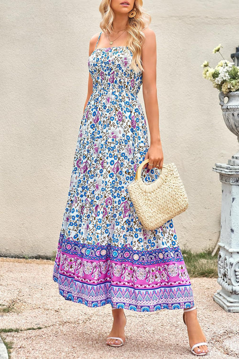 Adjustable Strap Summer Gown Beach Floral Boho Dress With Pockets