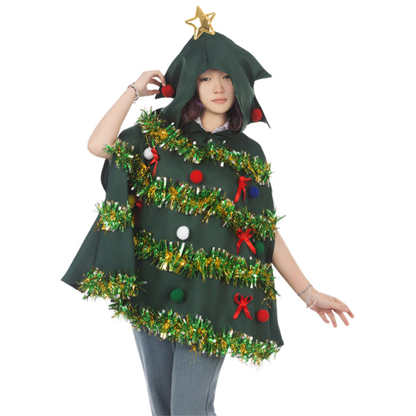 Adult Christmas Tree Cosplay Costume Hooded Sparkling Tassel Green Cloak