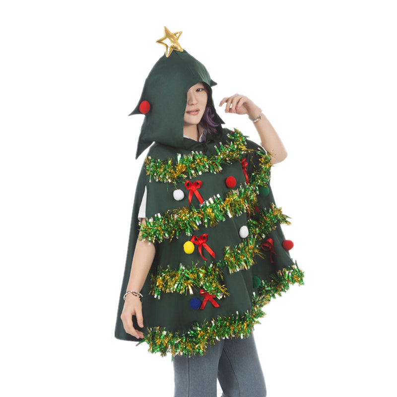 Adult Christmas Tree Cosplay Costume Hooded Sparkling Tassel Green Cloak