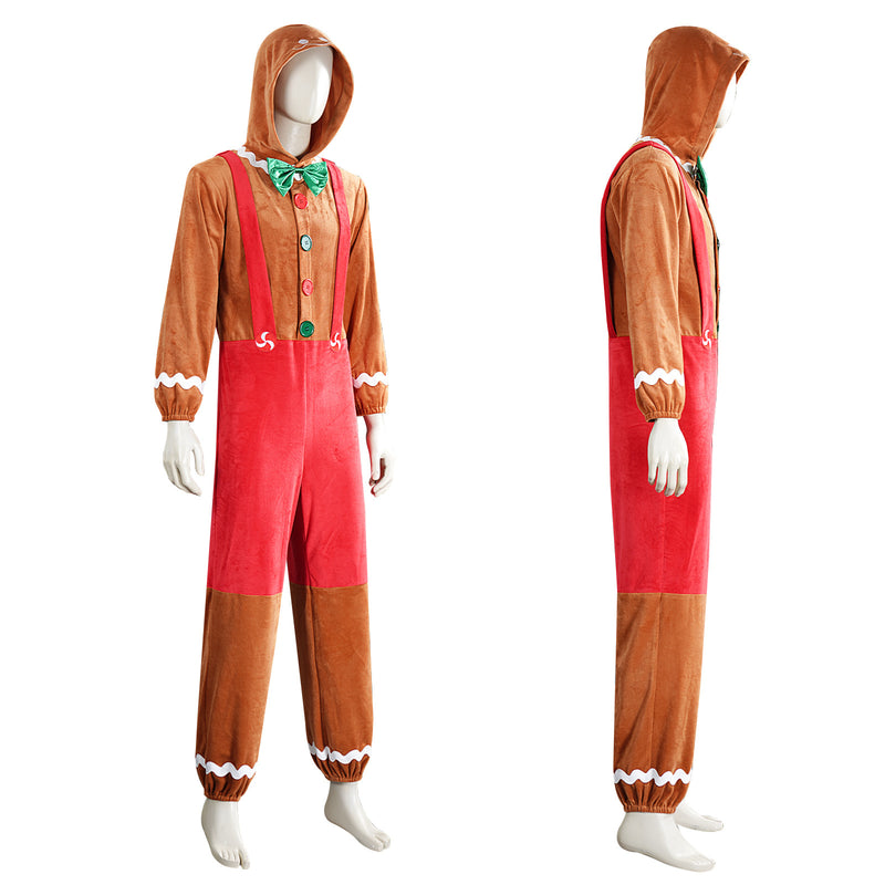 Adult Gingerbread Cosplay Costume Christmas Hooded Bodysuit Warm Pajamas - AwwwCos