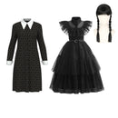 Adult Girls Wednesday Cosplay Long Sleeve Polka Dot Dress Black Ball Gown Wig - AwwwCos
