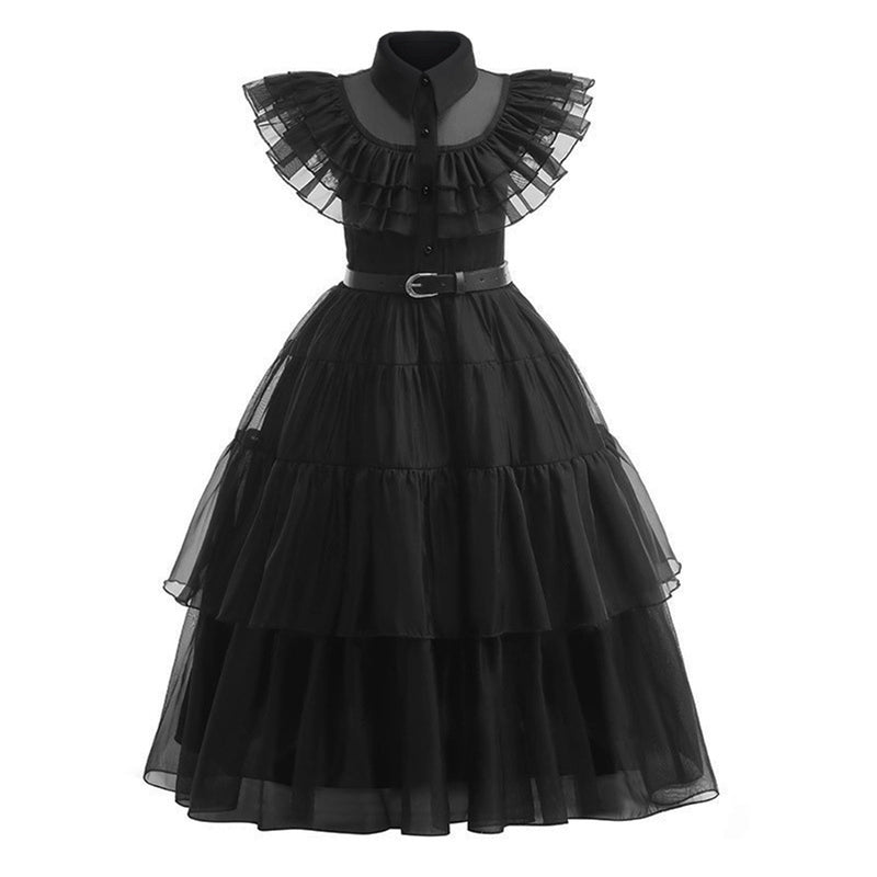 Adult Girls Wednesday Cosplay Long Sleeve Polka Dot Dress Black Ball Gown Wig - AwwwCos