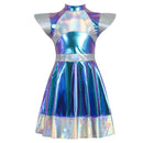 Adult Kid Outer Space Man Roleplay Outfits Metallic Dress with Alien Hair Hoop - AwwwCos