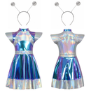 Adult Kid Outer Space Man Roleplay Outfits Metallic Dress with Alien Hair Hoop - AwwwCos