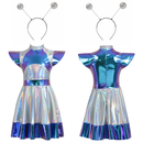Adult Kid Outer Space Man Roleplay Outfits Metallic Dress with Alien Hair Hoop - AwwwCos