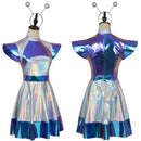 Adult Kid Outer Space Man Roleplay Outfits Metallic Dress with Alien Hair Hoop - AwwwCos