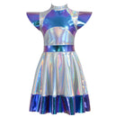 Adult Kid Outer Space Man Roleplay Outfits Metallic Dress with Alien Hair Hoop - AwwwCos
