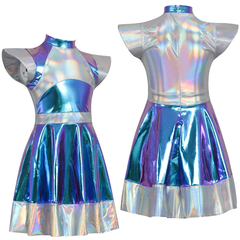 Adult Kid Outer Space Man Roleplay Outfits Metallic Dress with Alien Hair Hoop - AwwwCos