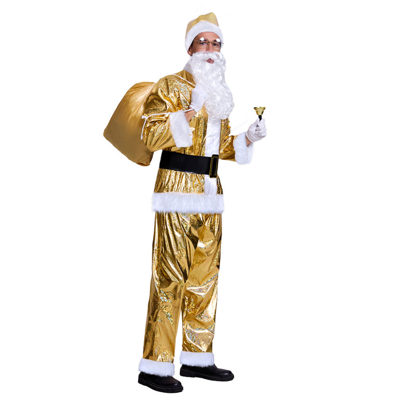 Adult Men Gold Deluxe Velvet Christmas Party Santa Claus Cosplay Premium Suit - AwwwCos