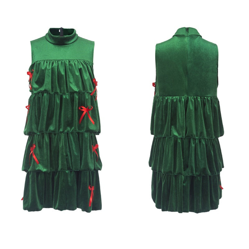 Adult Women Christmas Tree Cosplay Costume Green Dress Hat Red Bowknot - AwwwCos