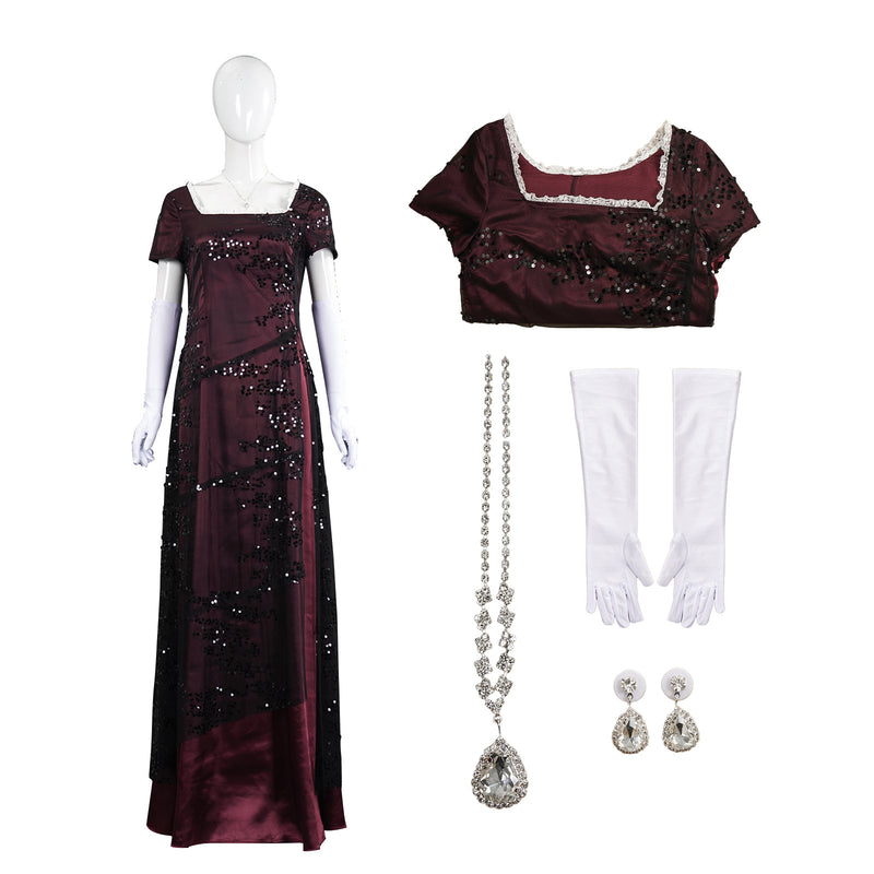 Adult Women Movie Titanic Rose Cosplay Costume Burgundy Red Dress