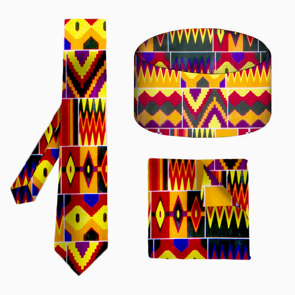 African Kente Batik Print 3 Piece Set Tie Bow-Tie Kufi Hat Ankara Batik - AwwwCos