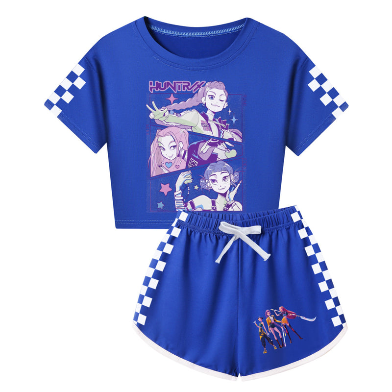 Anime K-Pop Demon Hunters Cosplay Costume White Plaid Print T-Shirt Shorts - AwwwCos