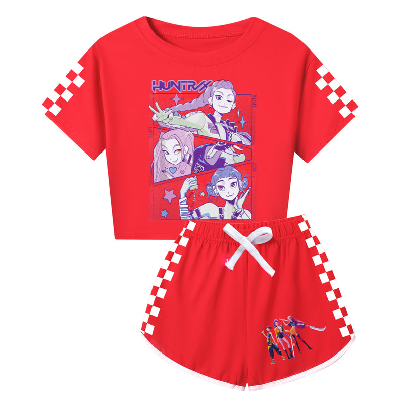 Anime K-Pop Demon Hunters Cosplay Costume White Plaid Print T-Shirt Shorts - AwwwCos