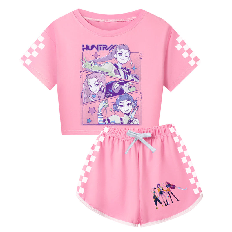 Anime K-Pop Demon Hunters Cosplay Costume White Plaid Print T-Shirt Shorts - AwwwCos