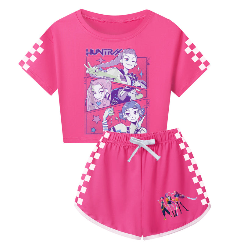 Anime K-Pop Demon Hunters Cosplay Costume White Plaid Print T-Shirt Shorts - AwwwCos