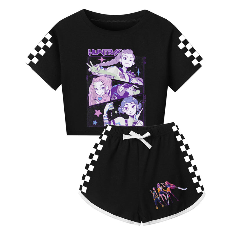 Anime K-Pop Demon Hunters Cosplay Costume White Plaid Print T-Shirt Shorts - AwwwCos