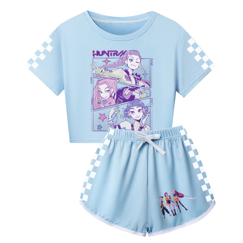 Anime K-Pop Demon Hunters Cosplay Costume White Plaid Print T-Shirt Shorts - AwwwCos