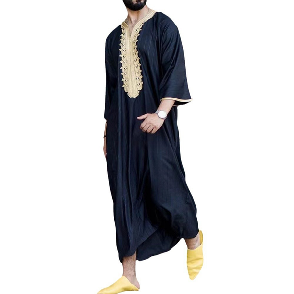 Arab Ethnic Striped Embroidered Men Casual Loose Islamic Robe