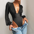 Body Suits Women Trendy Deep V Neck Ruched Pleated Corset Bodysuit