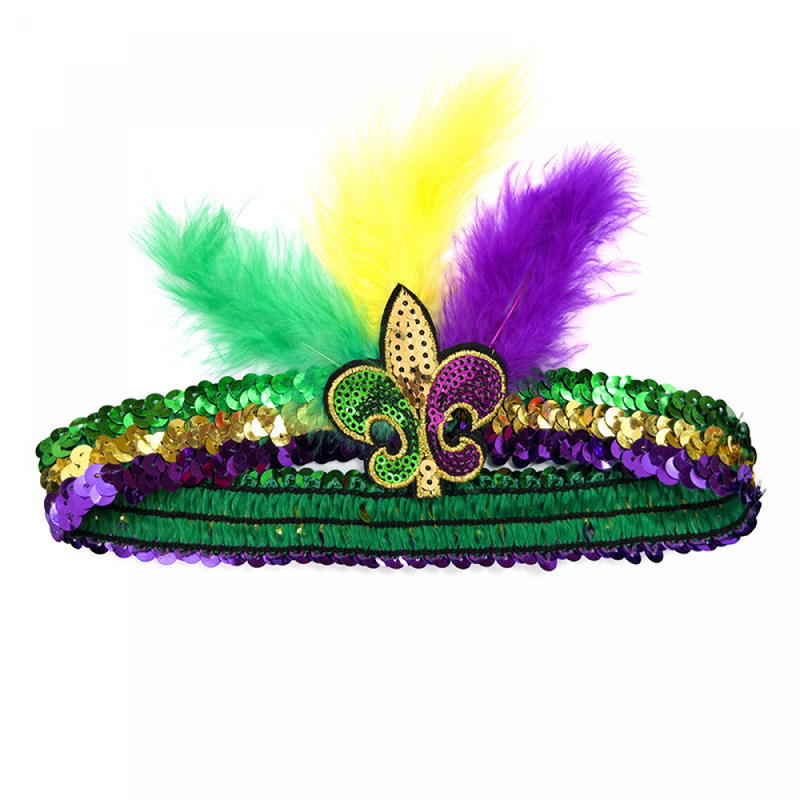 Carnival Golden Purple Green Half Face Mask Headband Feather Accessories