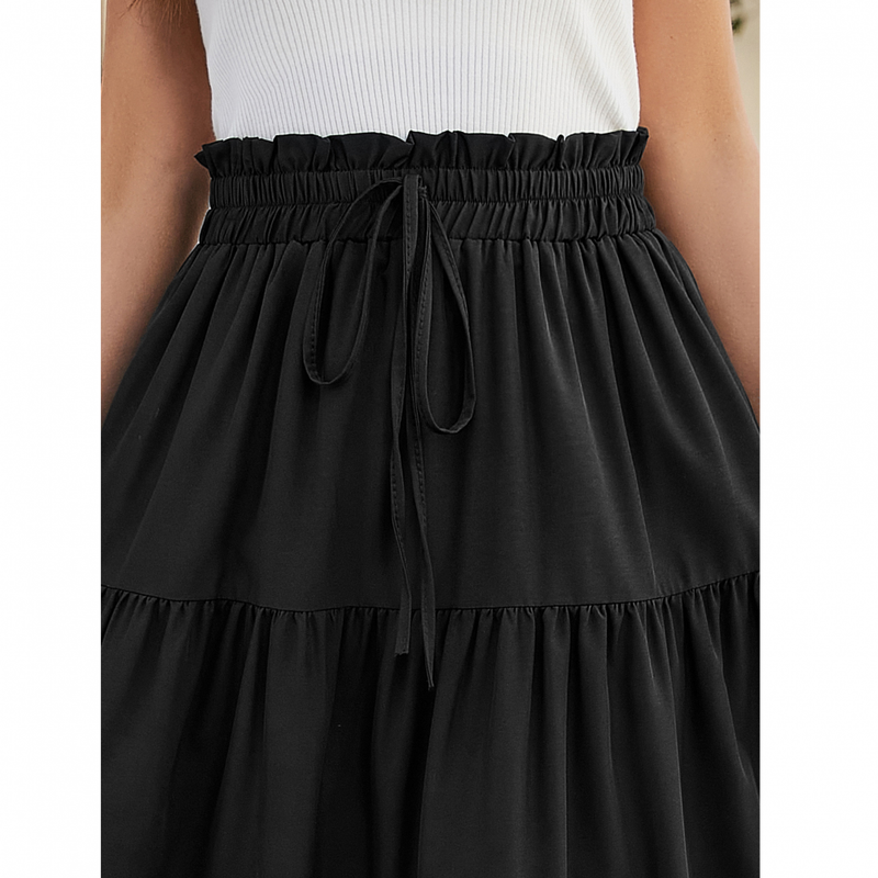 Chiffon Boho Elastic Waist A Line Ruffle Beach Drawstring Pleated Skirt