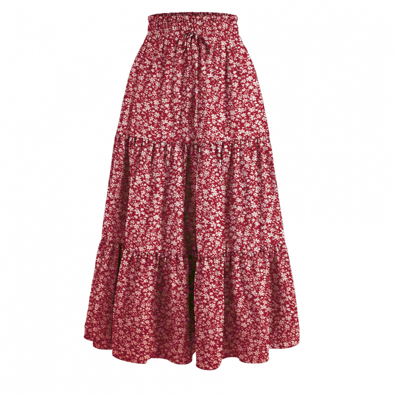 Chiffon Boho Elastic Waist A Line Ruffle Beach Drawstring Pleated Skirt