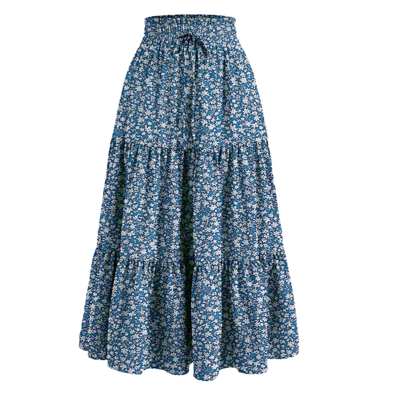 Chiffon Boho Elastic Waist A Line Ruffle Beach Drawstring Pleated Skirt