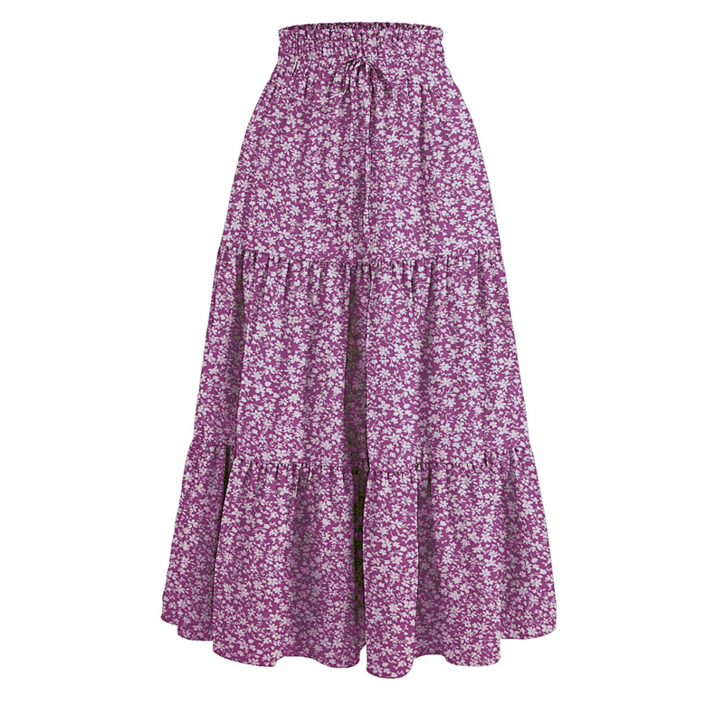 Chiffon Boho Elastic Waist A Line Ruffle Beach Drawstring Pleated Skirt