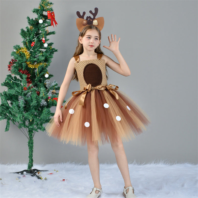 Child Girls Christmas Deer Cosplay Costume Tutu Dress Antler Hair Hoop - AwwwCos