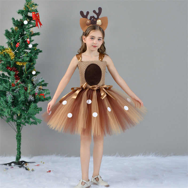 Child Girls Christmas Deer Cosplay Costume Tutu Dress Antler Hair Hoop - AwwwCos