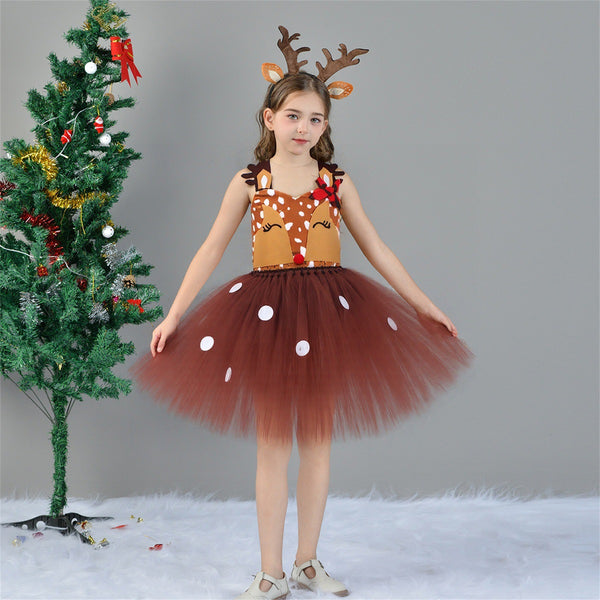 Child Girls Christmas Deer Cosplay Costume Tutu Dress Hair Hoop Set - AwwwCos