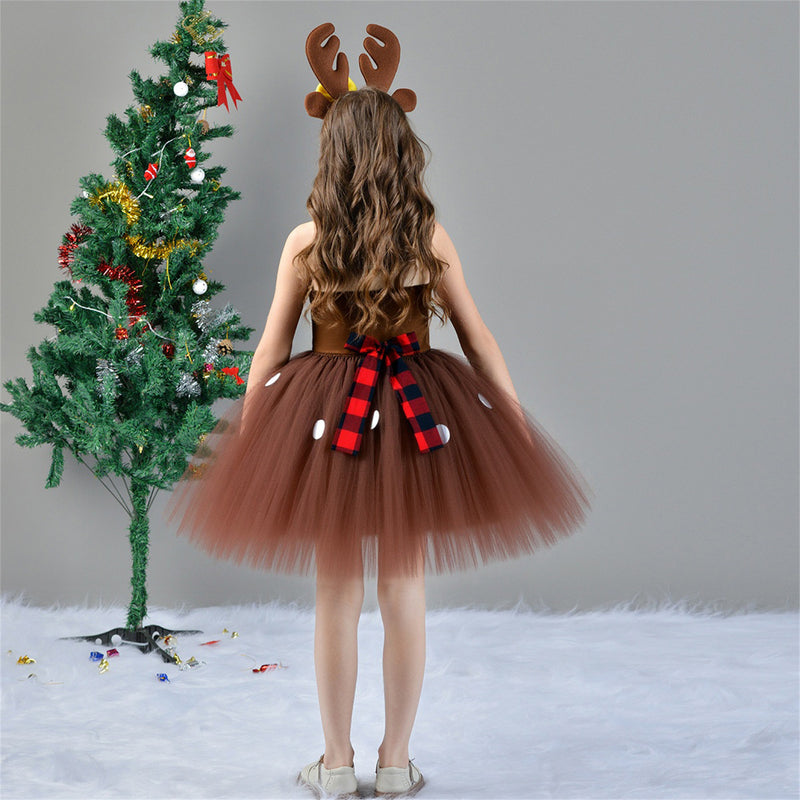 Child Girls Christmas Deer Cosplay Costume Tutu Dress Hair Hoop Set - AwwwCos