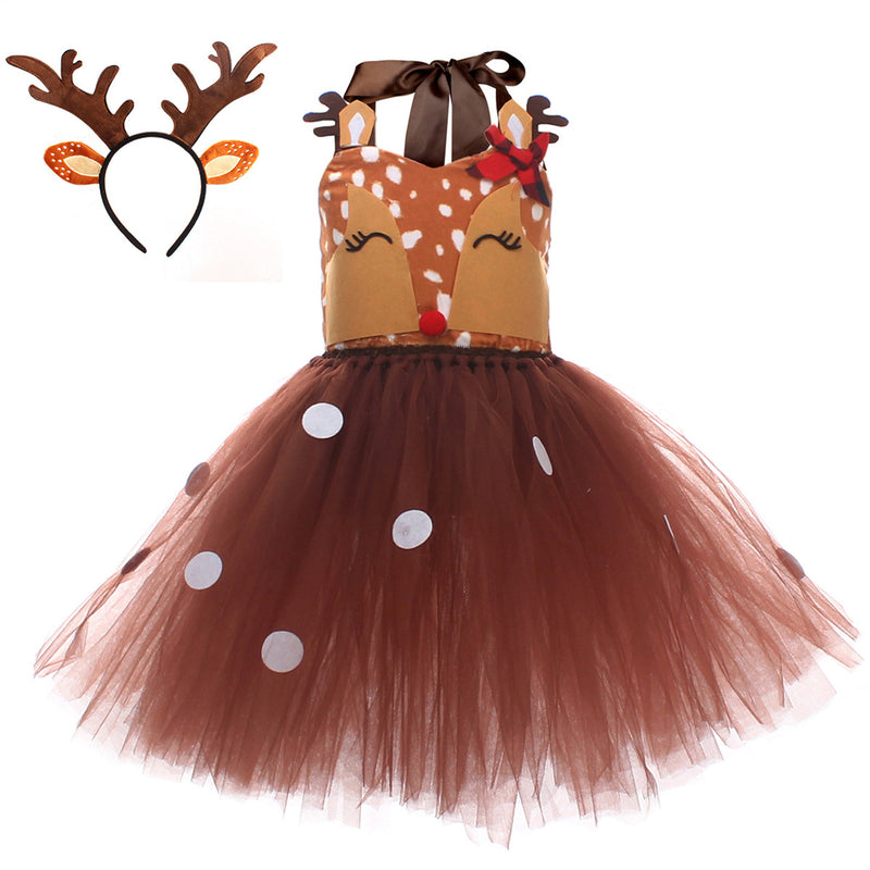 Child Girls Christmas Deer Cosplay Costume Tutu Dress Hair Hoop Set - AwwwCos