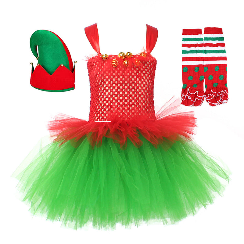 Child Girls Christmas Elf Cosplay Costume Crocheted Tutu Dress Hat Stockings - AwwwCos