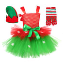 Child Girls Christmas Elf Cosplay Costume Crocheted Tutu Dress Hat Stockings - AwwwCos