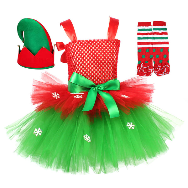 Child Girls Christmas Elf Cosplay Costume Crocheted Tutu Dress Hat Stockings - AwwwCos