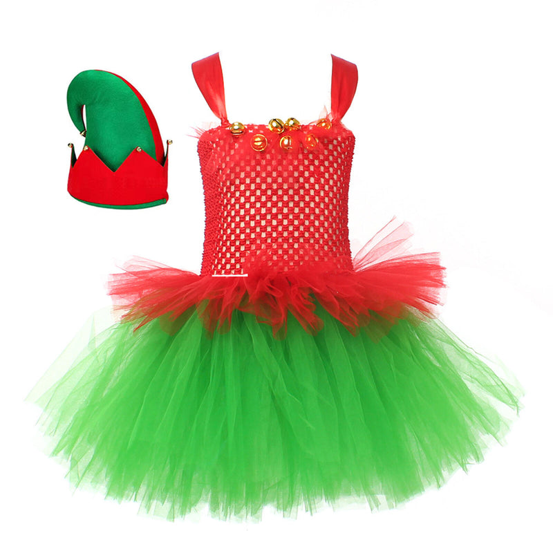 Child Girls Christmas Elf Cosplay Costume Crocheted Tutu Dress Hat Stockings - AwwwCos
