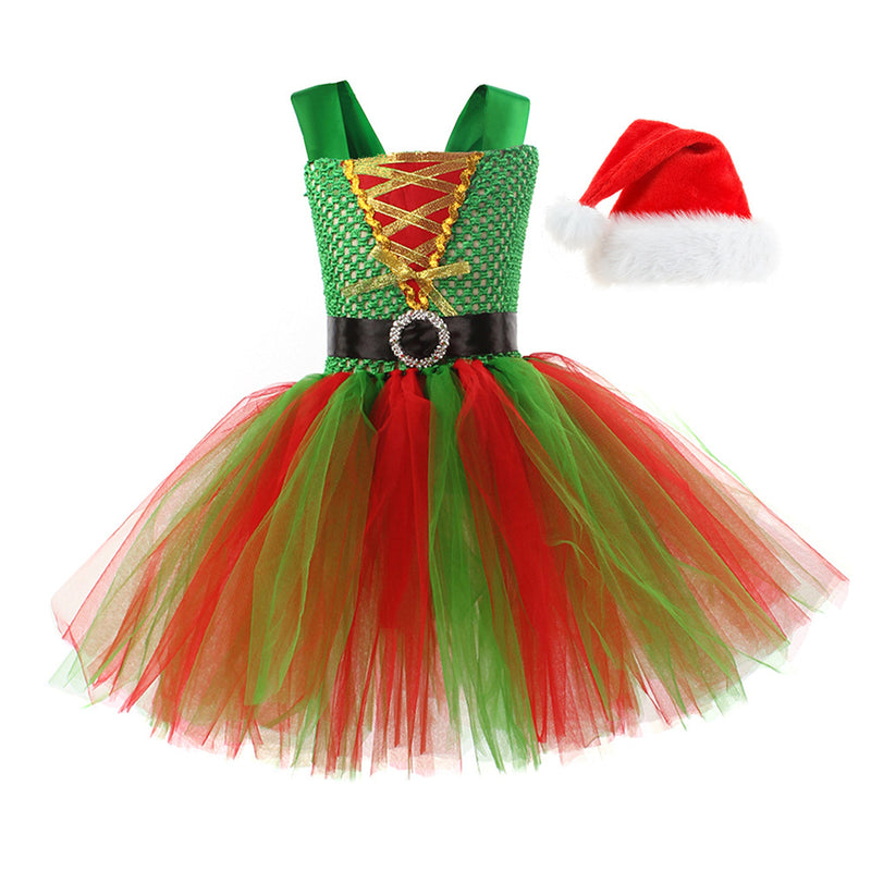 Child Girls Christmas Elf Cosplay Costume Performance Tutu Dress Hat Stockings - AwwwCos