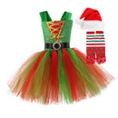 Child Girls Christmas Elf Cosplay Costume Performance Tutu Dress Hat Stockings - AwwwCos