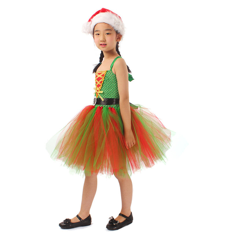 Child Girls Christmas Elf Cosplay Costume Performance Tutu Dress Hat Stockings - AwwwCos