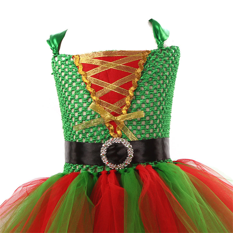 Child Girls Christmas Elf Cosplay Costume Performance Tutu Dress Hat Stockings - AwwwCos