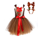 Child Girls Christmas Red Nosed Reindeer Cosplay Costume Tutu Dress Hairband - AwwwCos
