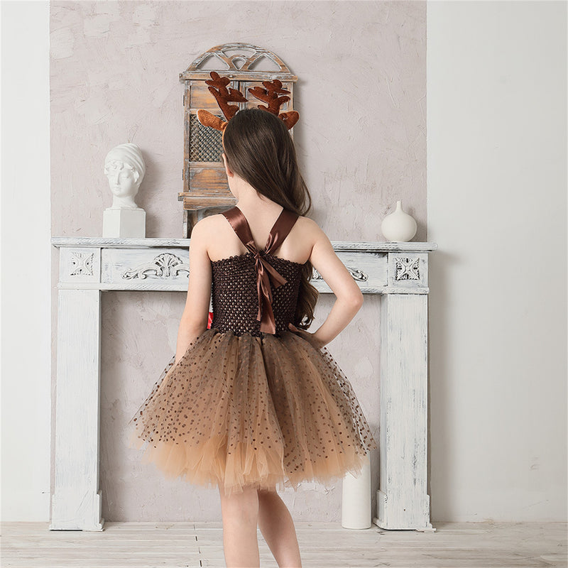 Child Girls Christmas Red Nosed Reindeer Cosplay Costume Tutu Dress Hairband - AwwwCos