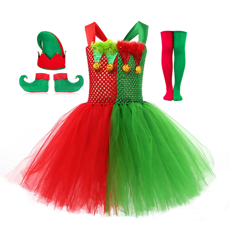 Child Girls Santa Claus Elf Cosplay Costume Performance Tutu Dress Stockings - AwwwCos