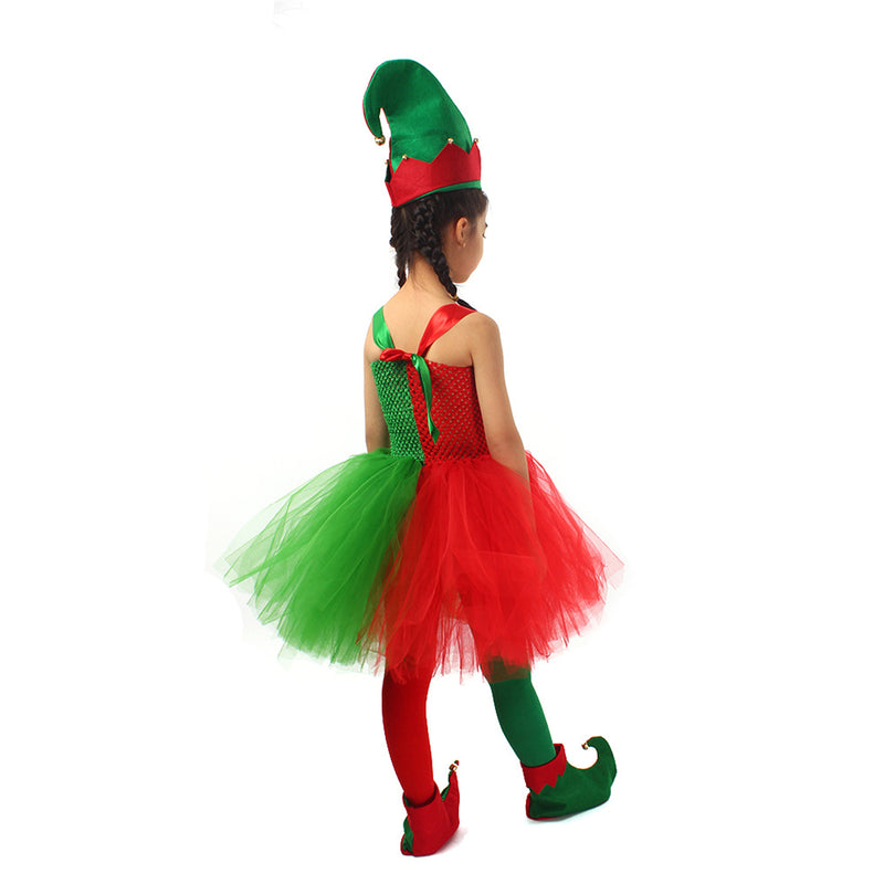 Child Girls Santa Claus Elf Cosplay Costume Performance Tutu Dress Stockings - AwwwCos