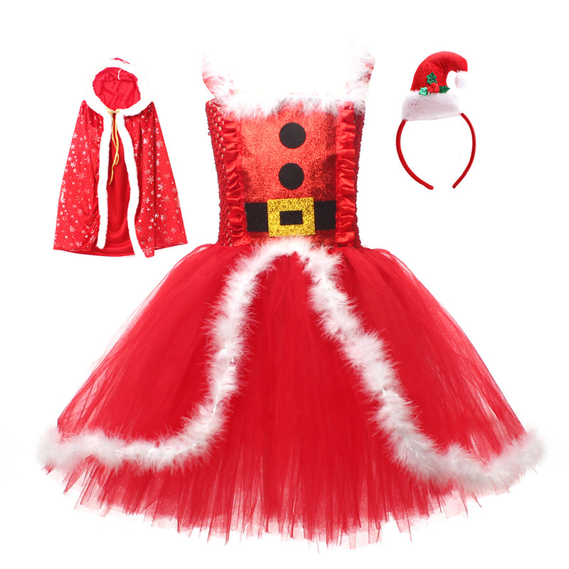 Child Girls Santa Claus Elf Cosplay Costume Tutu Dress Hooded Cloak - AwwwCos