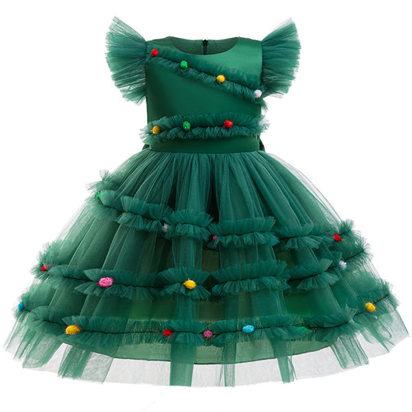 Child Girls Xmas Cosplay Costume Christmas Bow Knot Tutu Green Ruffles Dress - AwwwCos