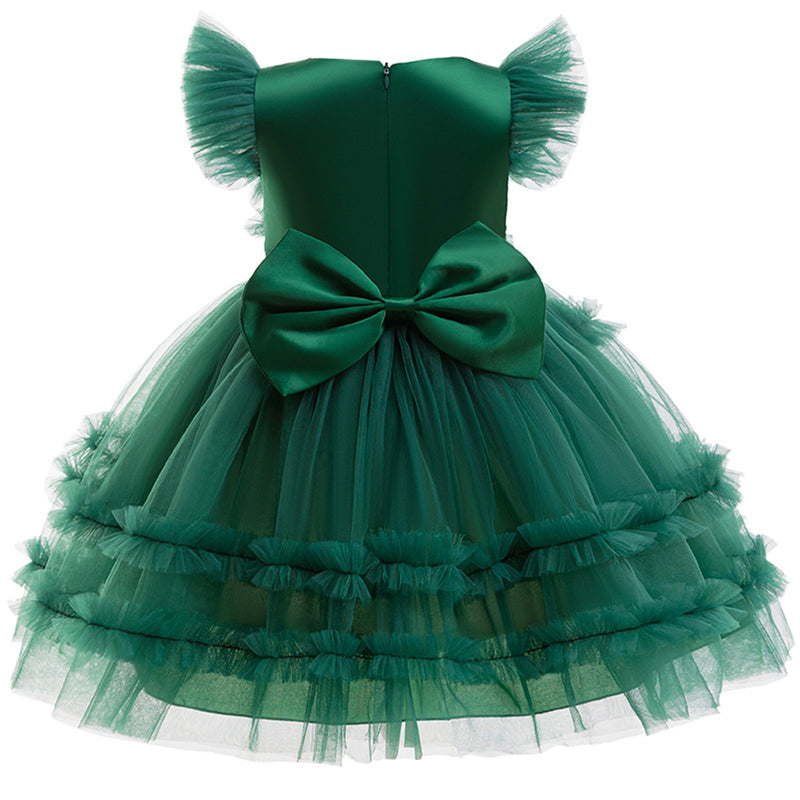Child Girls Xmas Cosplay Costume Christmas Bow Knot Tutu Green Ruffles Dress - AwwwCos
